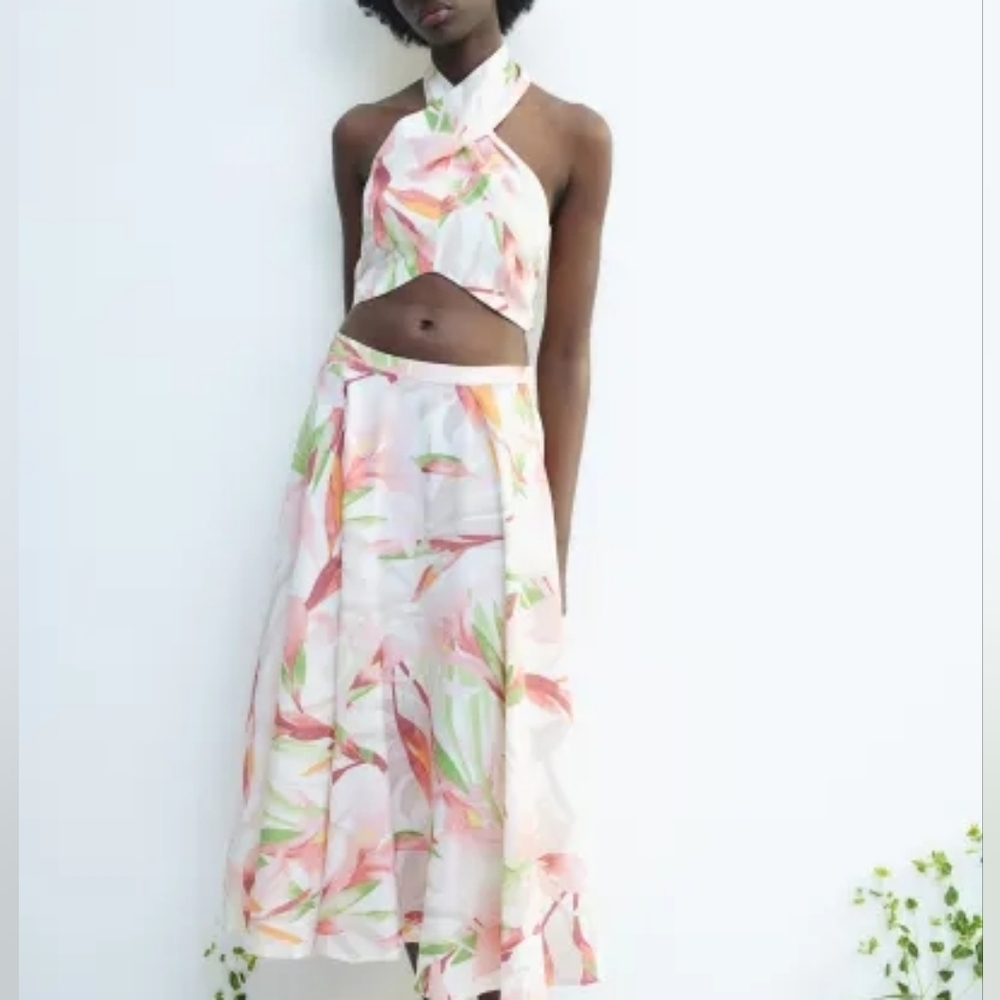 H&M floral linen midi circle/A-line skirt multicolored SKIRT ONLY